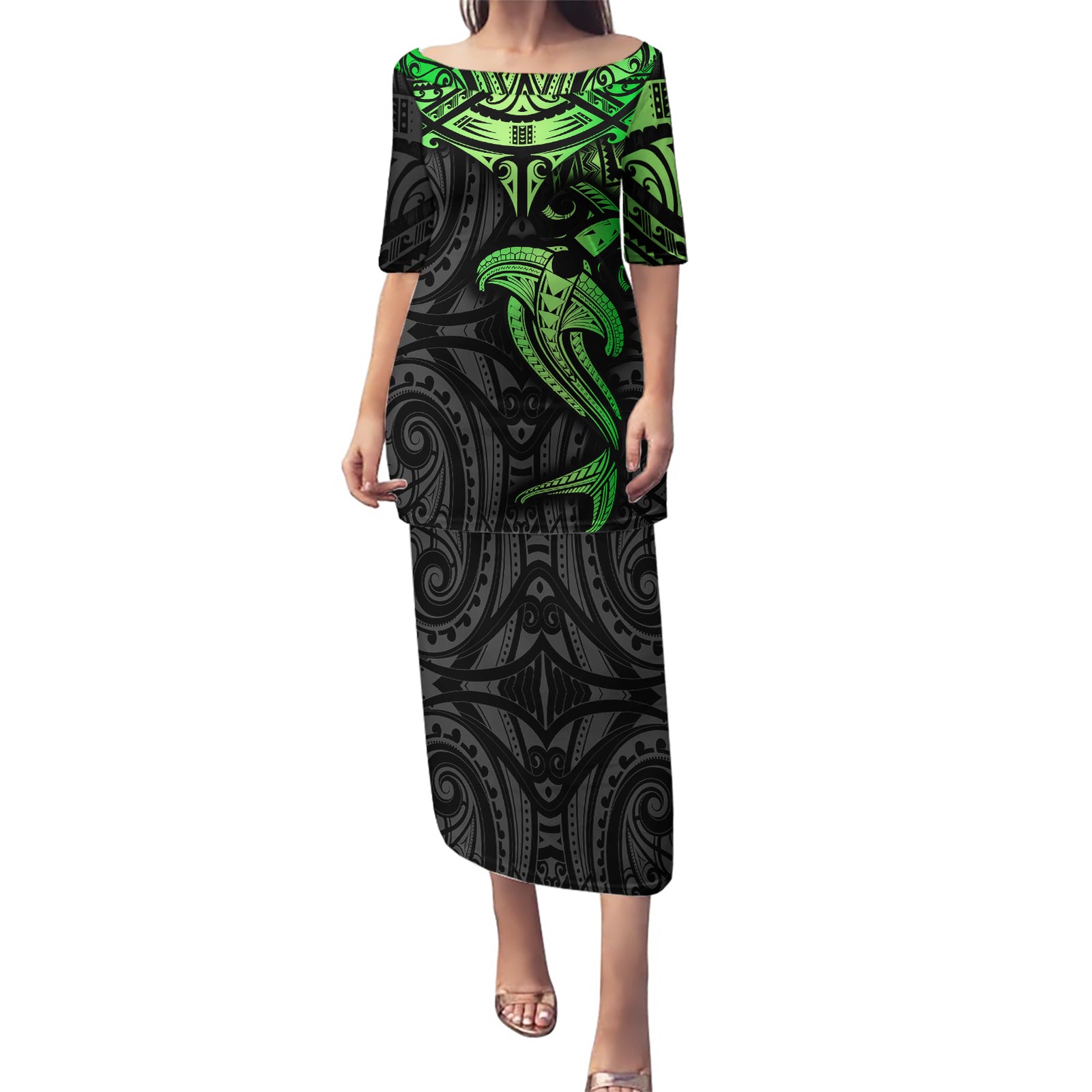Polynesian Puletasi Hammerhead Shark Tribal Pattern Black Green Version TS04 Long Dress Black Green - Polynesian Pride