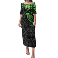 Polynesian Puletasi Hammerhead Shark Tribal Pattern Black Green Version TS04 Long Dress Black Green - Polynesian Pride