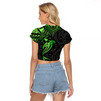 Polynesian Raglan Cropped T Shirt Hammerhead Shark Tribal Pattern Black Green Version TS04 - Polynesian Pride