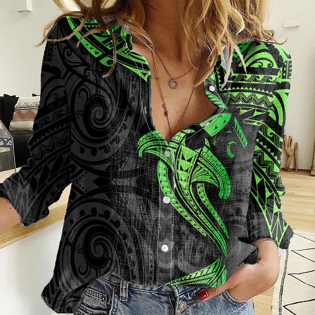 Polynesian Women Casual Shirt Hammerhead Shark Tribal Pattern Black Green Version TS04 Female Black/Green - Polynesian Pride
