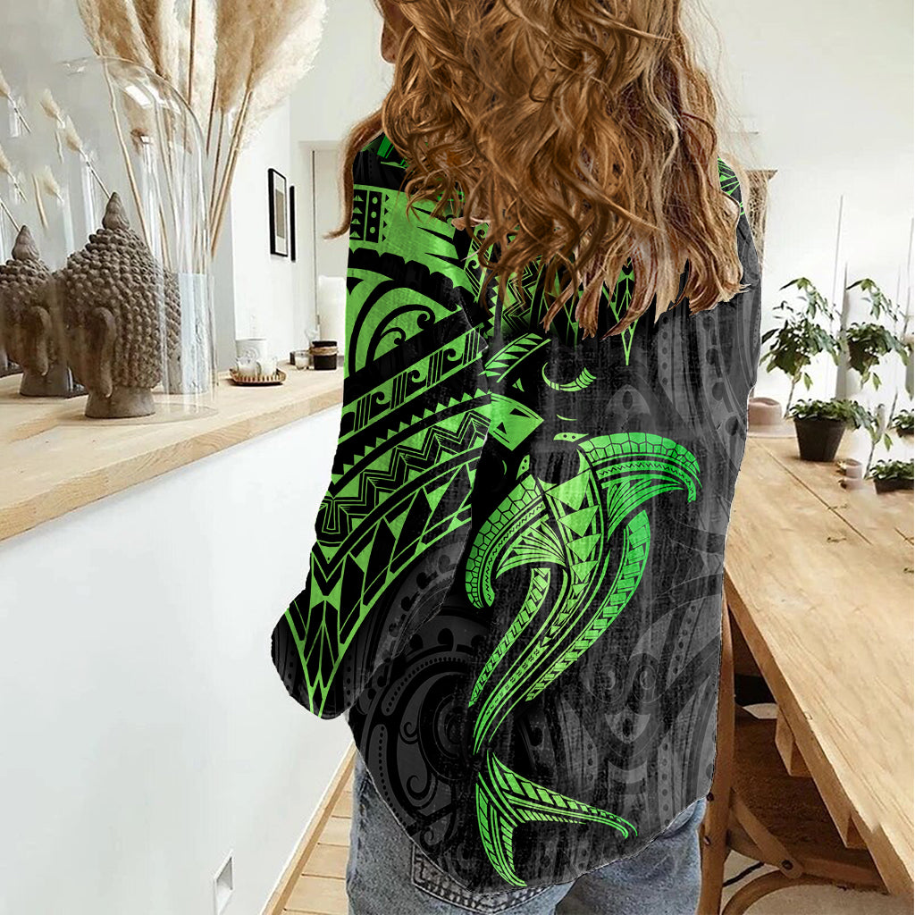 Polynesian Women Casual Shirt Hammerhead Shark Tribal Pattern Black Green Version TS04 - Polynesian Pride