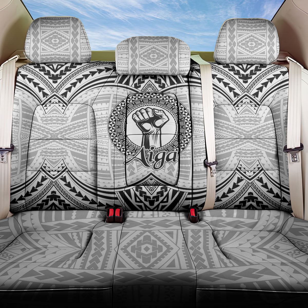 Aiga Samoa Raised Fist Back Car Seat Cover Polynesian Tribal Tattoo Art Family Pride TS04 One Size White Black - Polynesian Pride