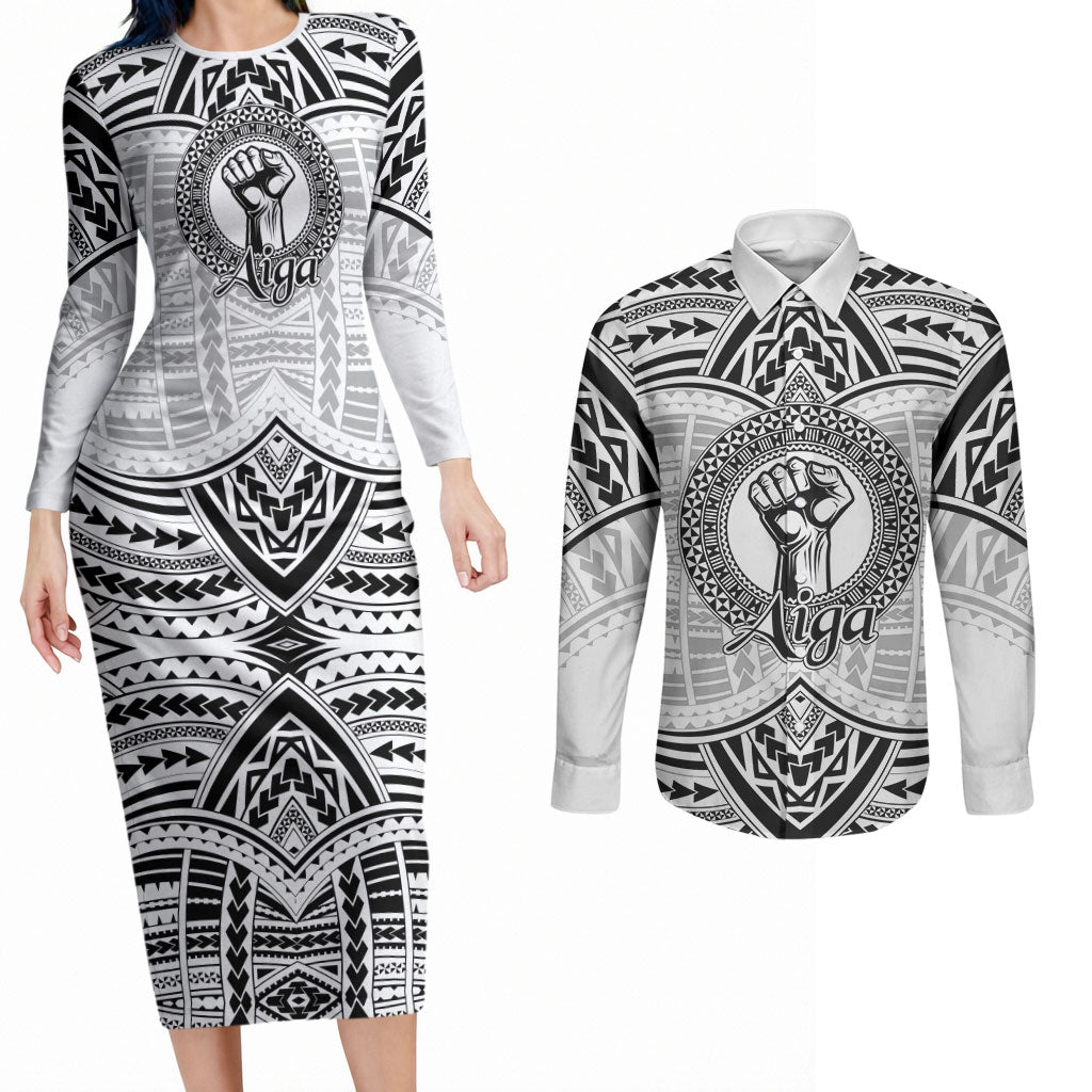 Aiga Samoa Raised Fist Couples Matching Long Sleeve Bodycon Dress and Long Sleeve Button Shirt Polynesian Tribal Tattoo Art Family Pride