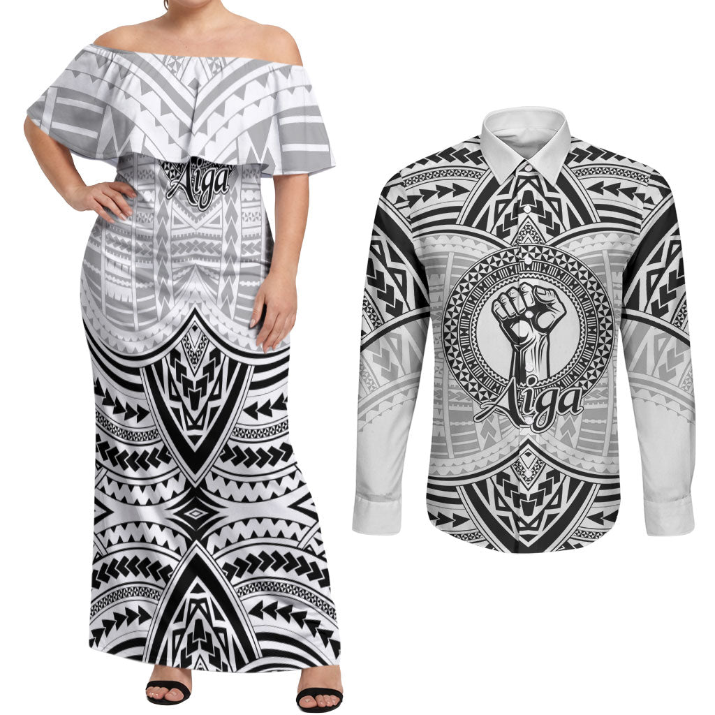 Aiga Samoa Raised Fist Couples Matching Off Shoulder Maxi Dress and Long Sleeve Button Shirt Polynesian Tribal Tattoo Art Family Pride