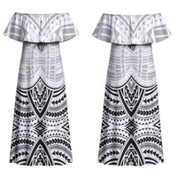 Aiga Samoa Raised Fist Couples Matching Off Shoulder Maxi Dress and Long Sleeve Button Shirt Polynesian Tribal Tattoo Art Family Pride TS04 - Polynesian Pride