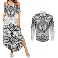 Aiga Samoa Raised Fist Couples Matching Summer Maxi Dress and Long Sleeve Button Shirt Polynesian Tribal Tattoo Art Family Pride TS04 White Black - Polynesian Pride