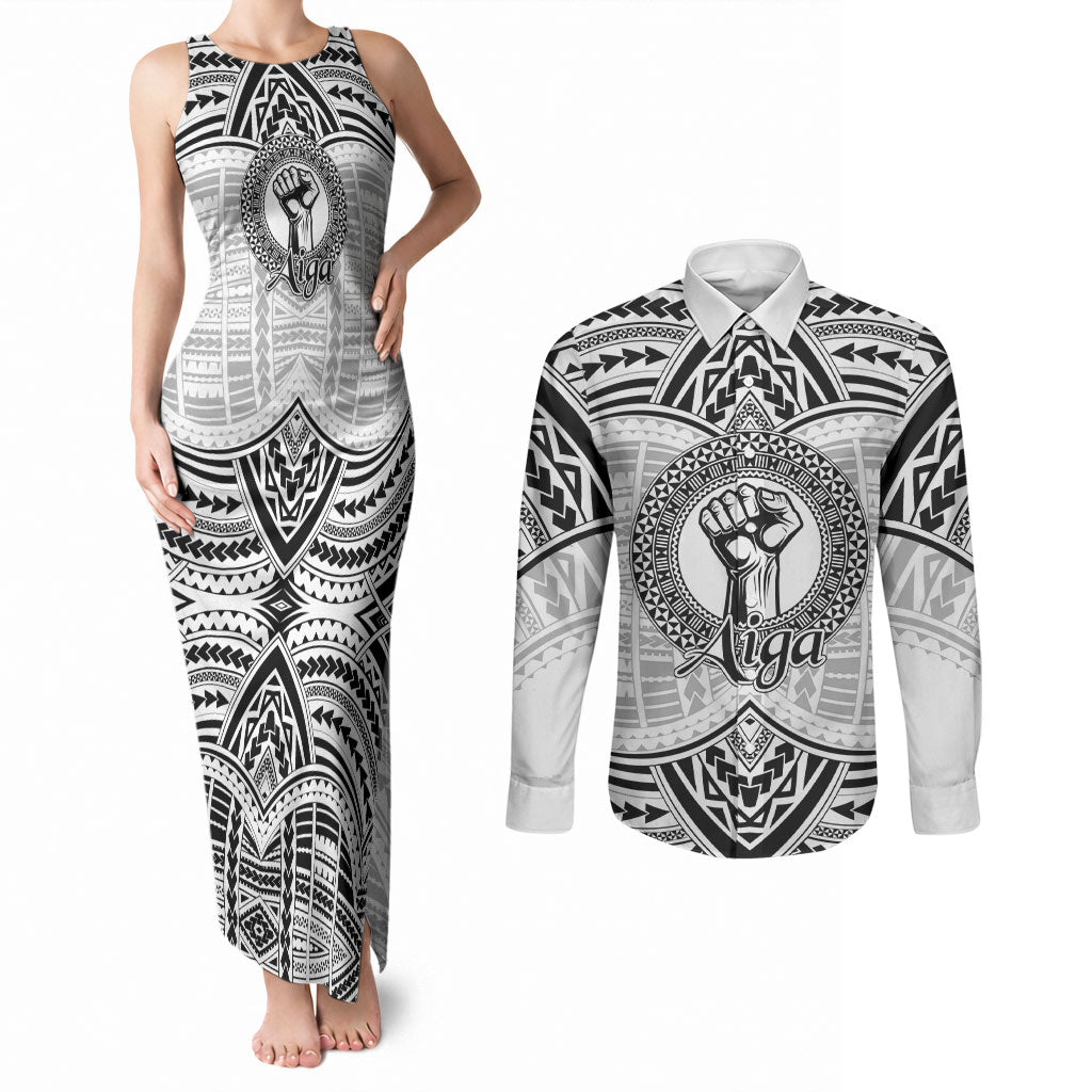 Aiga Samoa Raised Fist Couples Matching Tank Maxi Dress and Long Sleeve Button Shirt Polynesian Tribal Tattoo Art Family Pride