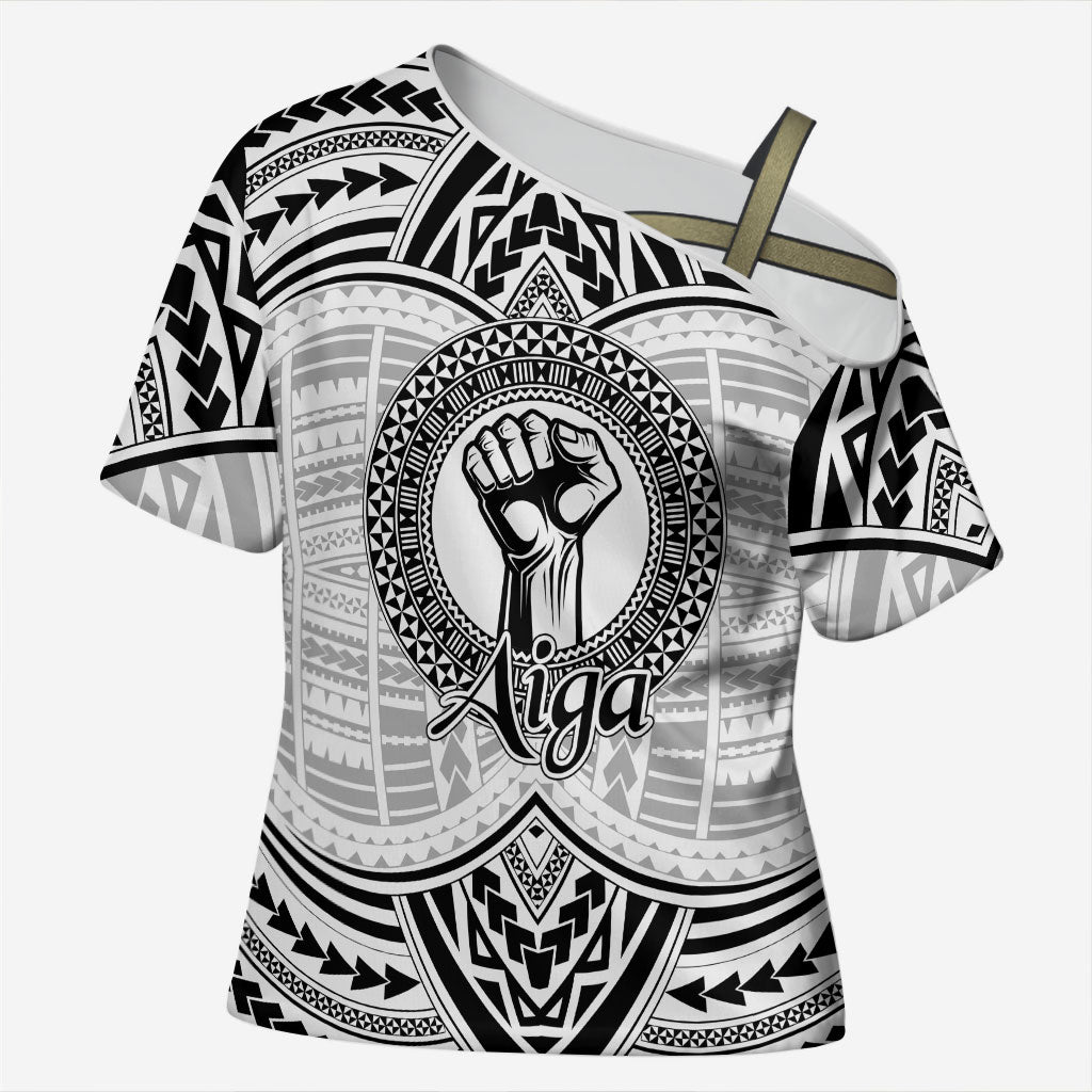Aiga Samoa Raised Fist Cross Shoulder Shirt Polynesian Tribal Tattoo Art Family Pride TS04 Female White Black - Polynesian Pride