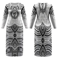 Aiga Samoa Raised Fist Family Matching Long Sleeve Bodycon Dress and Hawaiian Shirt Polynesian Tribal Tattoo Art Family Pride TS04 Mom's Dress White Black - Polynesian Pride