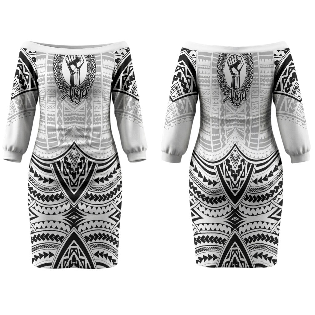 Aiga Samoa Raised Fist Family Matching Off The Shoulder Long Sleeve Dress and Hawaiian Shirt Polynesian Tribal Tattoo Art Family Pride TS04 Mom's Dress White Black - Polynesian Pride