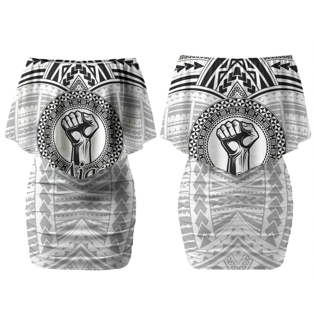 Aiga Samoa Raised Fist Family Matching Off Shoulder Short Dress and Hawaiian Shirt Polynesian Tribal Tattoo Art Family Pride TS04 Mom's Dress White Black - Polynesian Pride