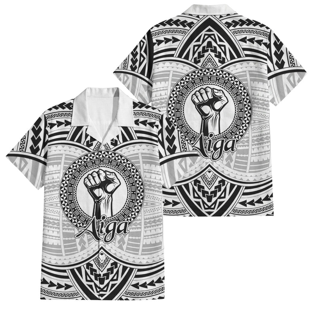 Aiga Samoa Raised Fist Family Matching Off Shoulder Short Dress and Hawaiian Shirt Polynesian Tribal Tattoo Art Family Pride TS04 Dad's Shirt - Short Sleeve White Black - Polynesian Pride