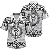Aiga Samoa Raised Fist Family Matching Off Shoulder Short Dress and Hawaiian Shirt Polynesian Tribal Tattoo Art Family Pride TS04 Son's Shirt White Black - Polynesian Pride