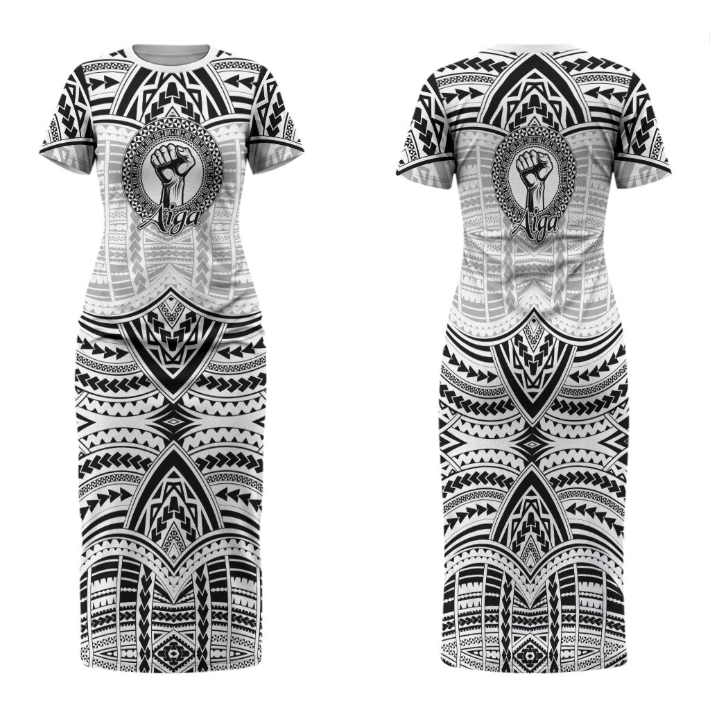 Aiga Samoa Raised Fist Family Matching Short Sleeve Bodycon Dress and Hawaiian Shirt Polynesian Tribal Tattoo Art Family Pride TS04 Mom's Dress White Black - Polynesian Pride