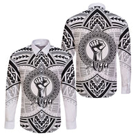 Aiga Samoa Raised Fist Family Matching Short Sleeve Bodycon Dress and Hawaiian Shirt Polynesian Tribal Tattoo Art Family Pride TS04 Dad's Shirt - Long Sleeve White Black - Polynesian Pride