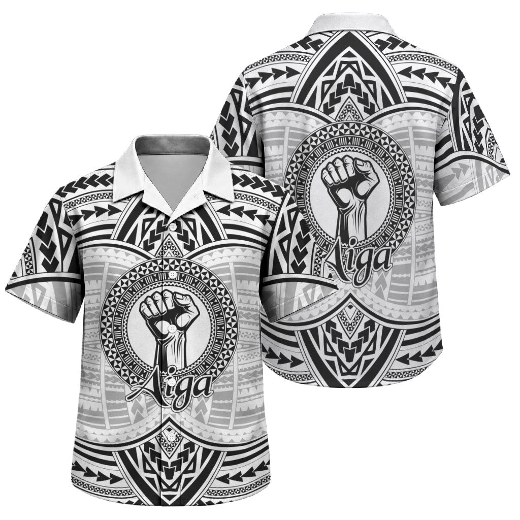 Aiga Samoa Raised Fist Family Matching Short Sleeve Bodycon Dress and Hawaiian Shirt Polynesian Tribal Tattoo Art Family Pride TS04 Son's Shirt White Black - Polynesian Pride