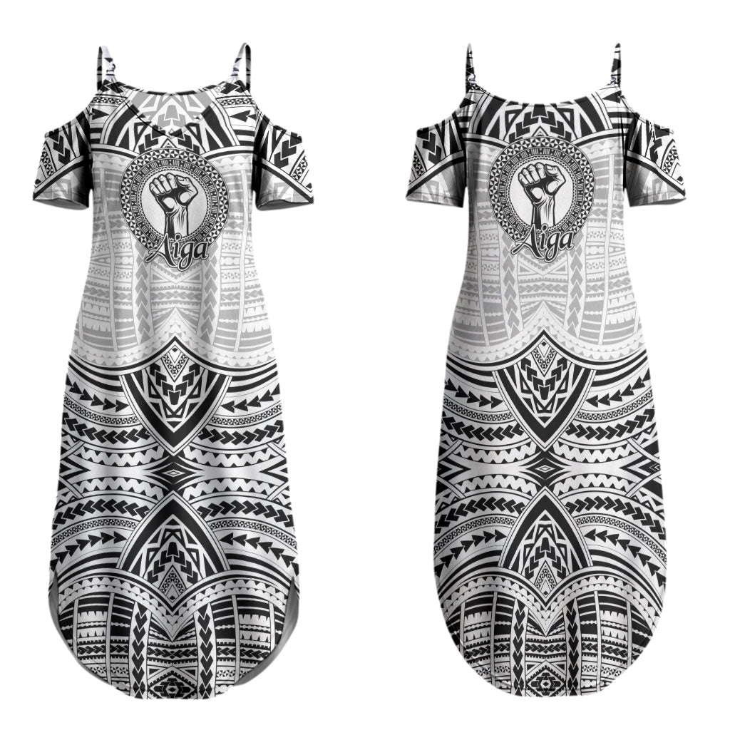 Aiga Samoa Raised Fist Family Matching Summer Maxi Dress and Hawaiian Shirt Polynesian Tribal Tattoo Art Family Pride TS04 Mom's Dress White Black - Polynesian Pride
