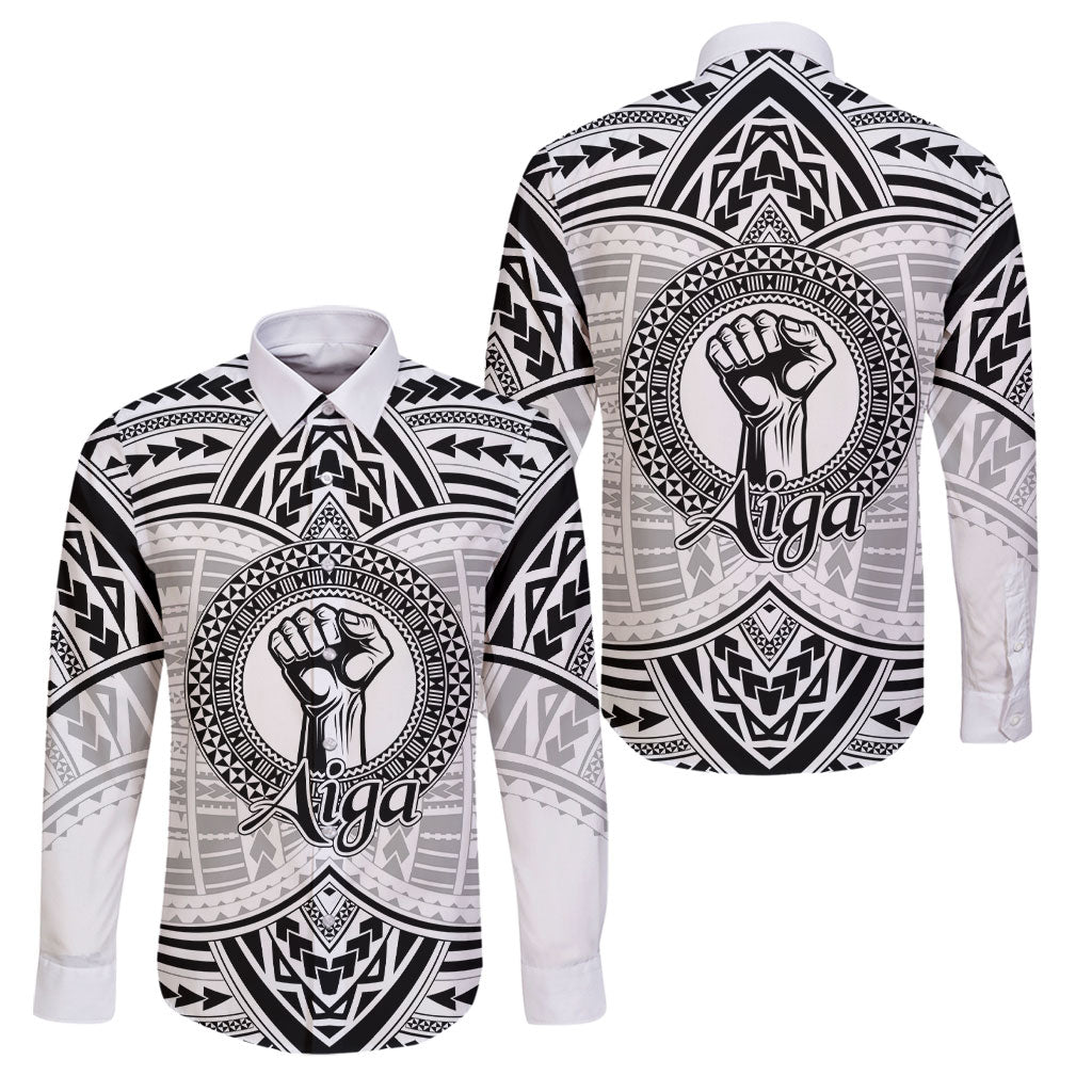 Aiga Samoa Raised Fist Family Matching Summer Maxi Dress and Hawaiian Shirt Polynesian Tribal Tattoo Art Family Pride TS04 Dad's Shirt - Long Sleeve White Black - Polynesian Pride