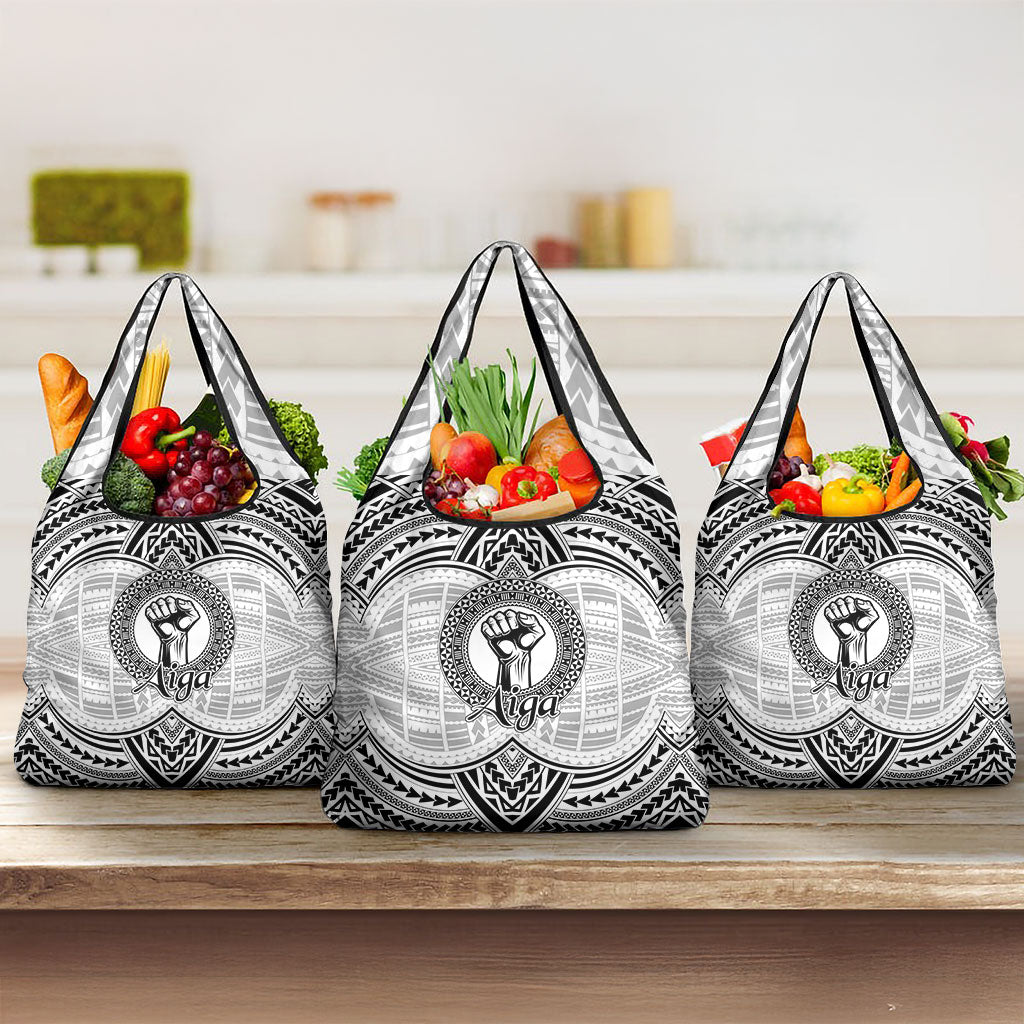 Aiga Samoa Raised Fist Grocery Bag Polynesian Tribal Tattoo Art Family Pride TS04 3-pack One Size White Black - Polynesian Pride