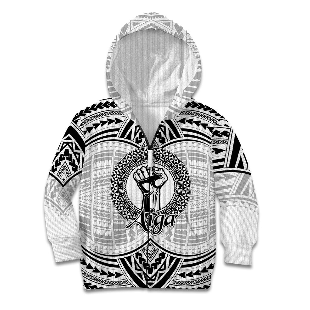Aiga Samoa Raised Fist Kid Hoodie Polynesian Tribal Tattoo Art Family Pride TS04 Zip Hoodie White Black - Polynesian Pride