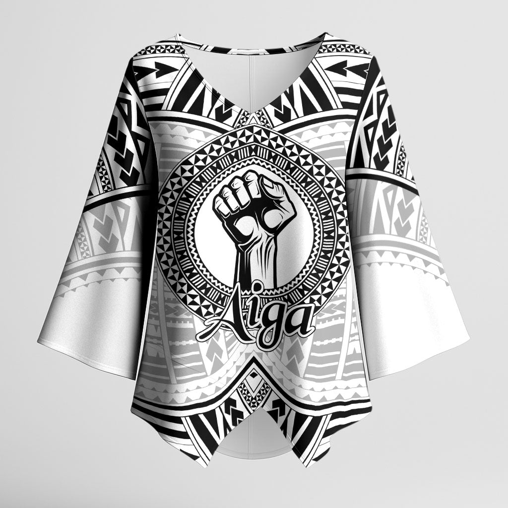 Aiga Samoa Raised Fist Kimono Sleeve Blouse Polynesian Tribal Tattoo Art Family Pride TS04 Female White Black - Polynesian Pride