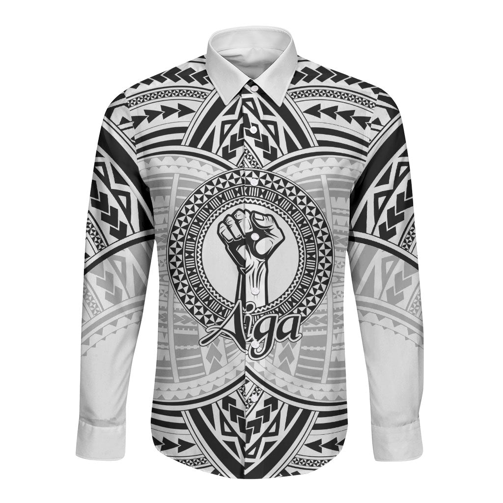 Aiga Samoa Raised Fist Long Sleeve Button Shirt Polynesian Tribal Tattoo Art Family Pride TS04 Unisex White Black - Polynesian Pride