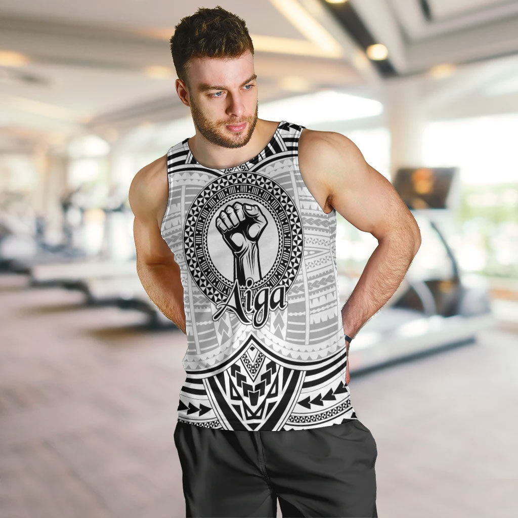 Aiga Samoa Raised Fist Men Tank Top Polynesian Tribal Tattoo Art Family Pride TS04 White Black - Polynesian Pride