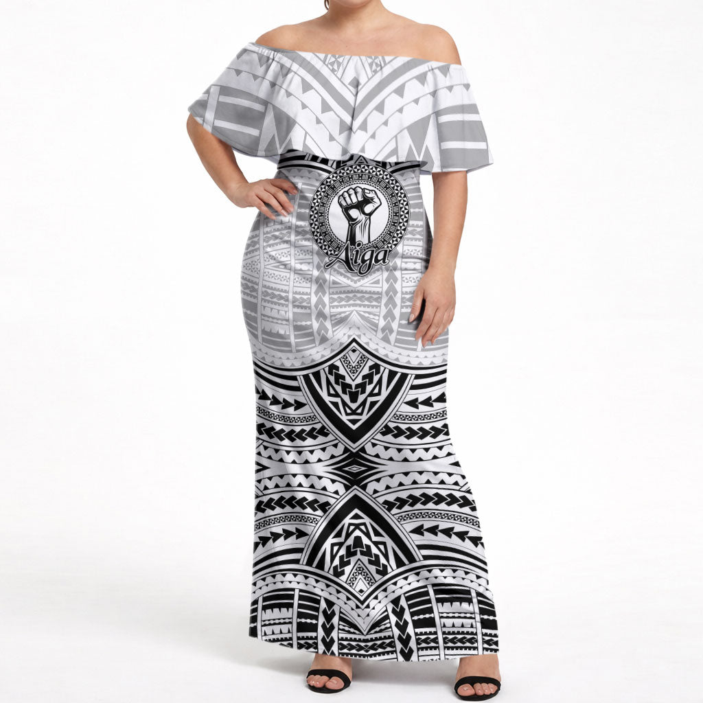 Aiga Samoa Raised Fist Off Shoulder Maxi Dress Polynesian Tribal Tattoo Art Family Pride TS04 Women White Black - Polynesian Pride