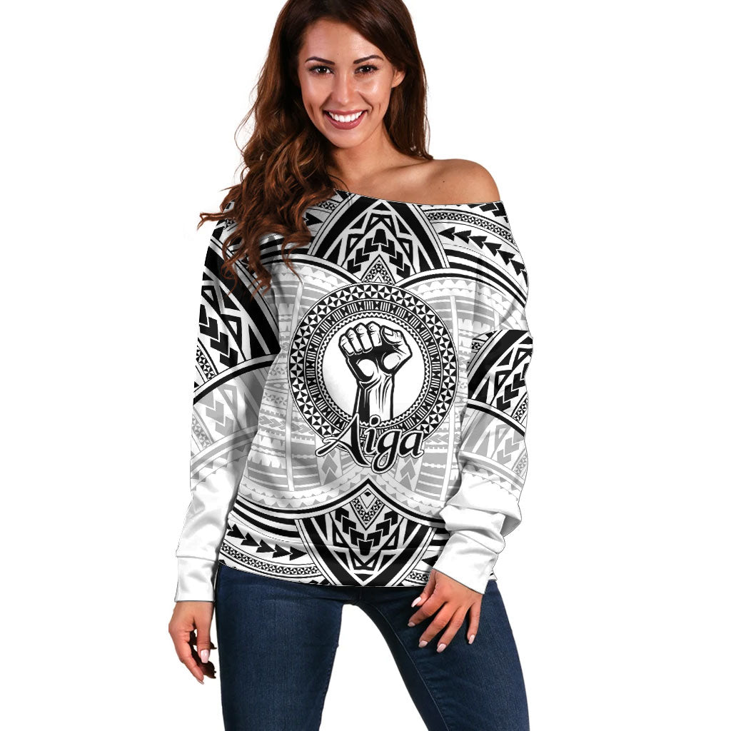 Aiga Samoa Raised Fist Off Shoulder Sweater Polynesian Tribal Tattoo Art Family Pride
