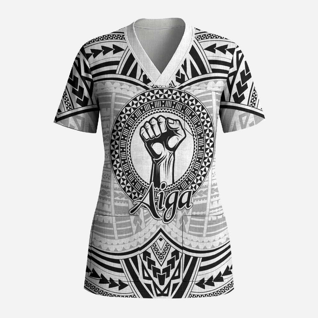 Aiga Samoa Raised Fist Scrub Top Polynesian Tribal Tattoo Art Family Pride