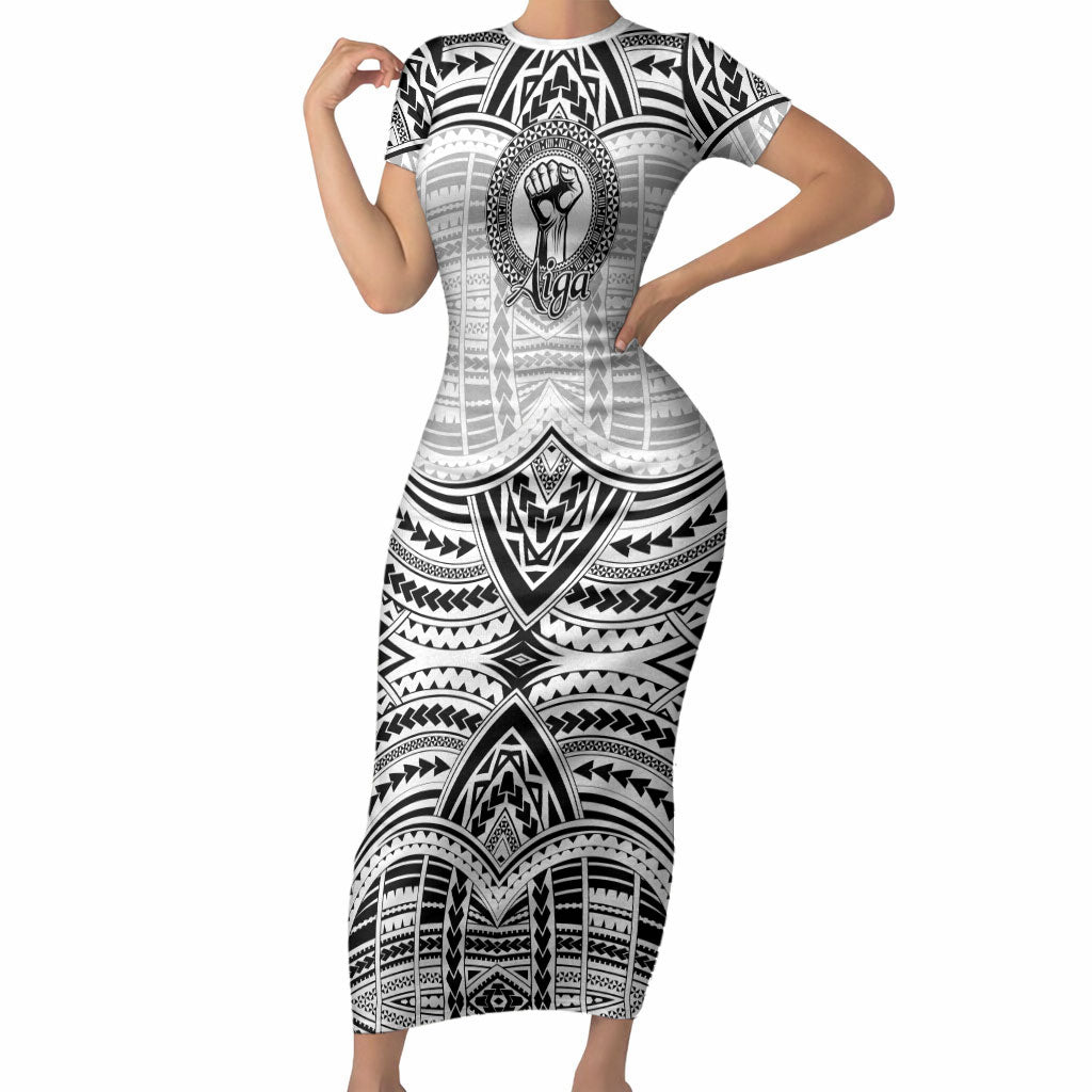 Aiga Samoa Raised Fist Short Sleeve Bodycon Dress Polynesian Tribal Tattoo Art Family Pride
