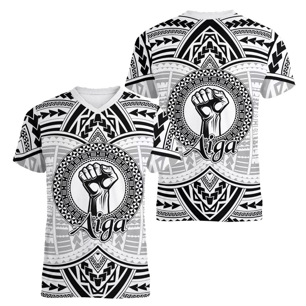 Aiga Samoa Raised Fist Women V-Neck T-Shirt Polynesian Tribal Tattoo Art Family Pride TS04 - Polynesian Pride