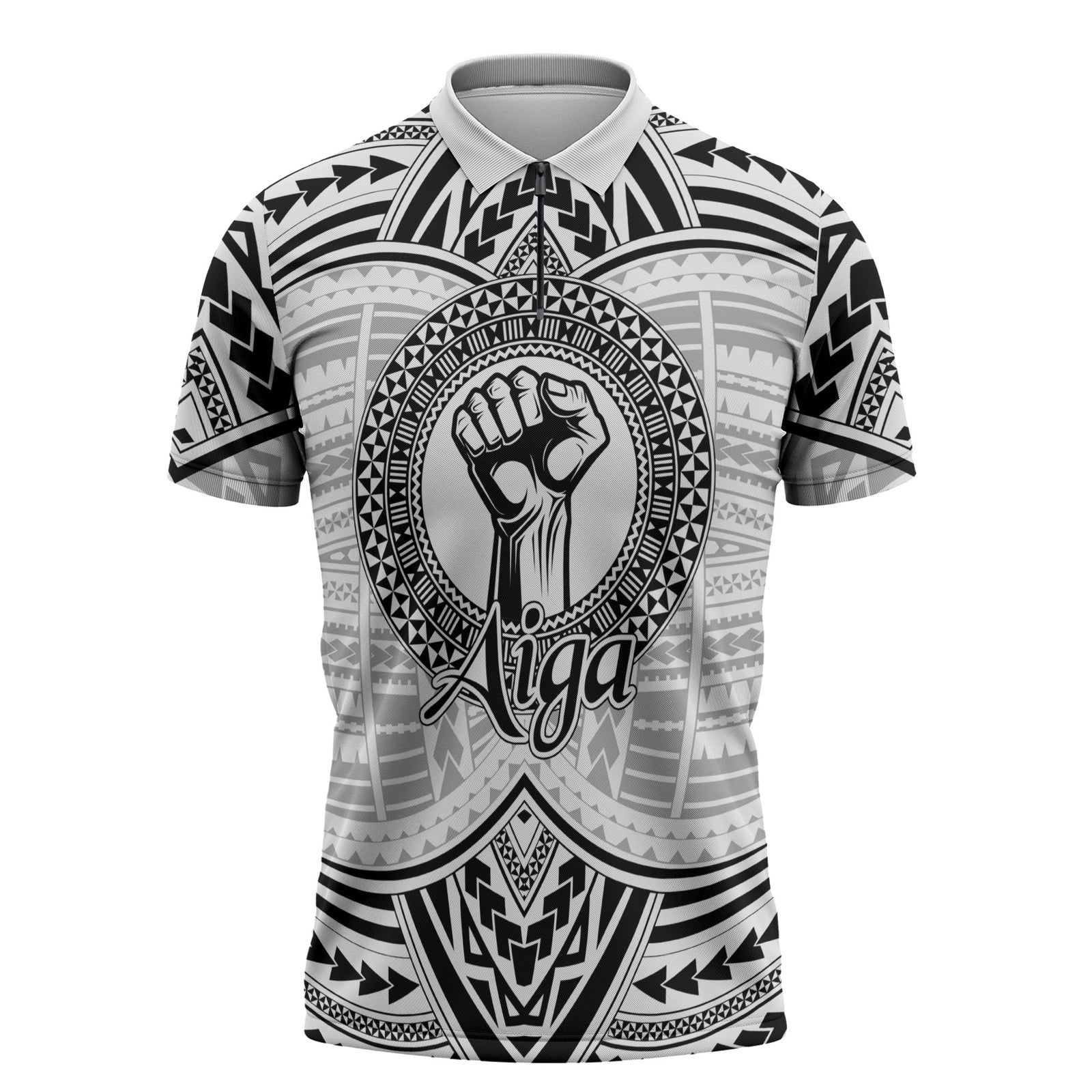 Aiga Samoa Raised Fist Zipper Polo Shirt Polynesian Tribal Tattoo Art Family Pride
