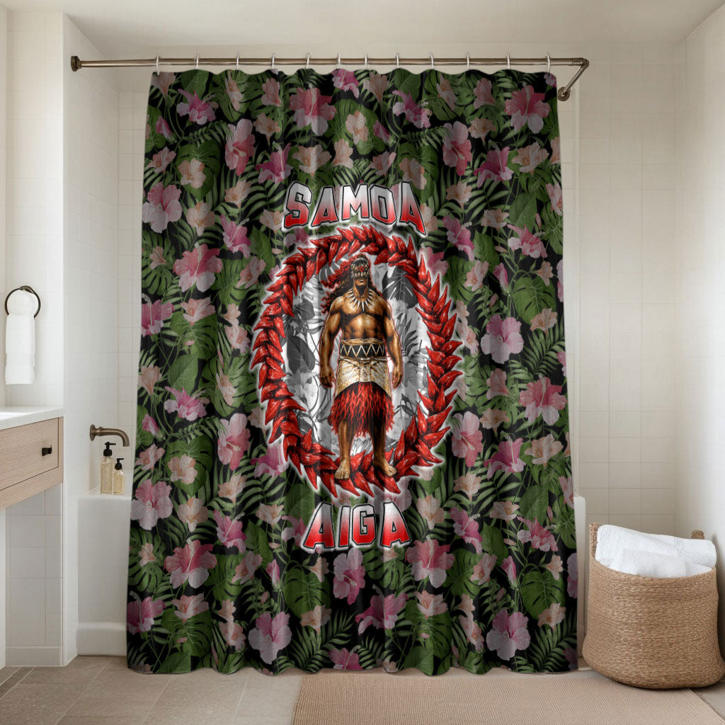 Samoa Aiga Polynesian Bathroom Set Tropical Floral Hibiscus Pattern Island Heritage TS04 Shower Curtain Only Green Red - Polynesian Pride