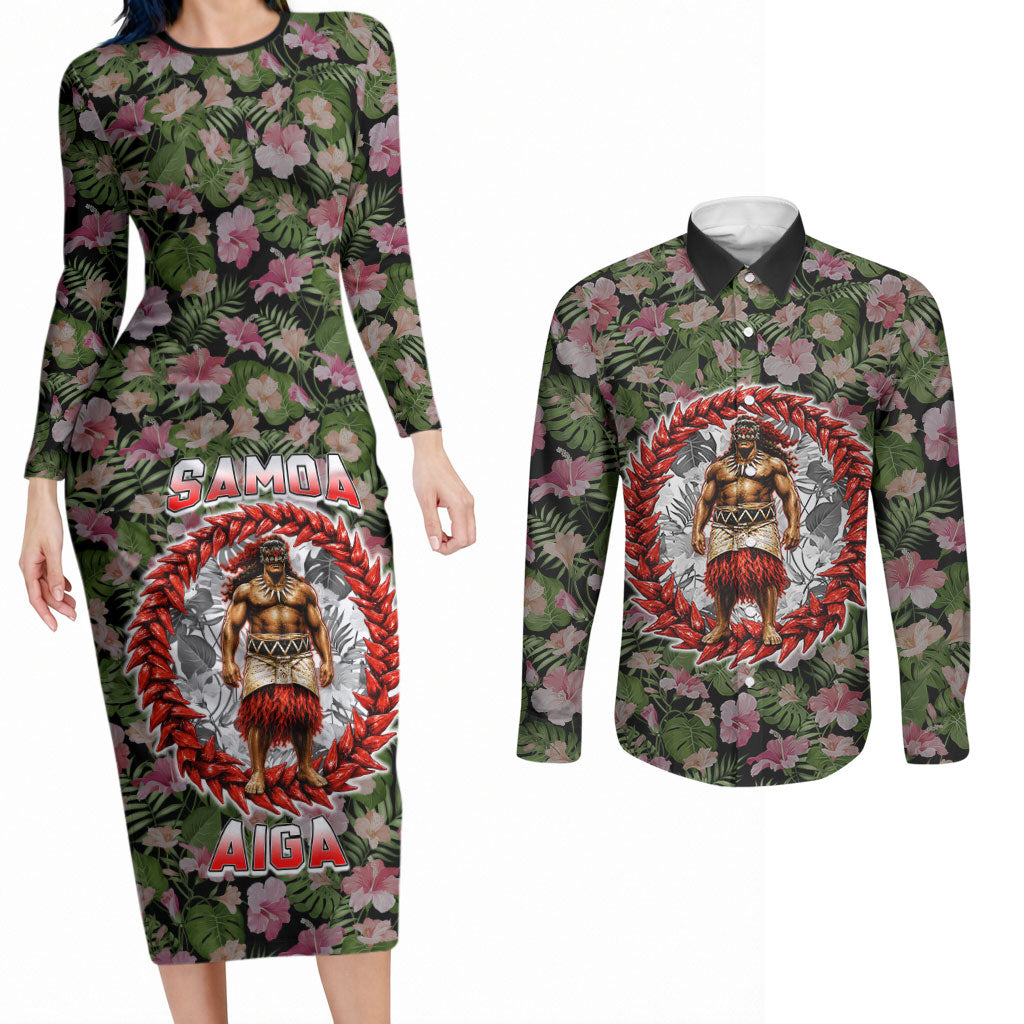 Samoa Aiga Polynesian Couples Matching Long Sleeve Bodycon Dress and Long Sleeve Button Shirt Tropical Floral Hibiscus Pattern Island Heritage