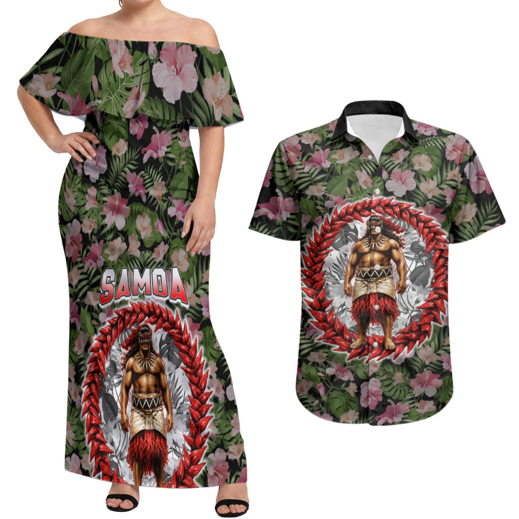 Samoa Aiga Polynesian Couples Matching Off Shoulder Maxi Dress and Hawaiian Shirt Tropical Floral Hibiscus Pattern Island Heritage