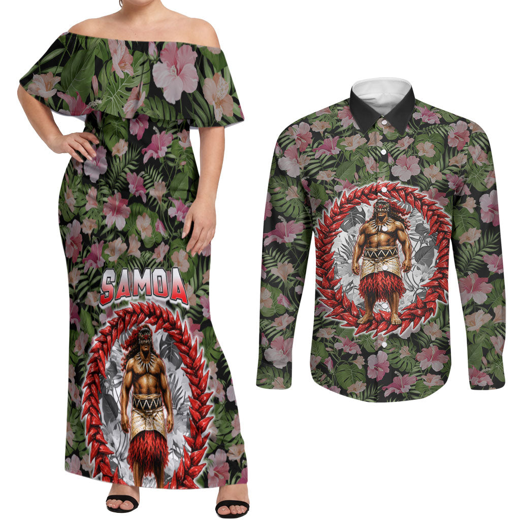 Samoa Aiga Polynesian Couples Matching Off Shoulder Maxi Dress and Long Sleeve Button Shirt Tropical Floral Hibiscus Pattern Island Heritage TS04 Green Red - Polynesian Pride