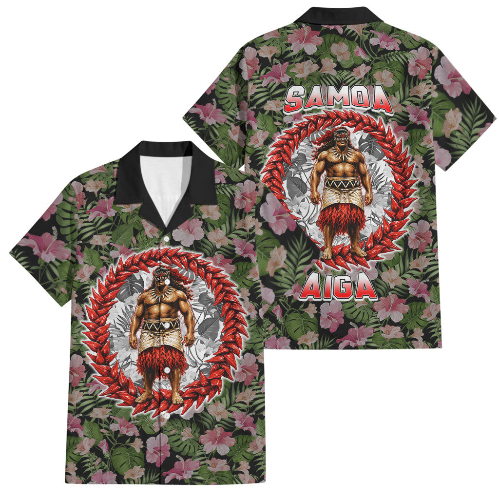 Samoa Aiga Polynesian Family Matching Off The Shoulder Long Sleeve Dress and Hawaiian Shirt Tropical Floral Hibiscus Pattern Island Heritage TS04 Dad's Shirt - Short Sleeve Green Red - Polynesian Pride