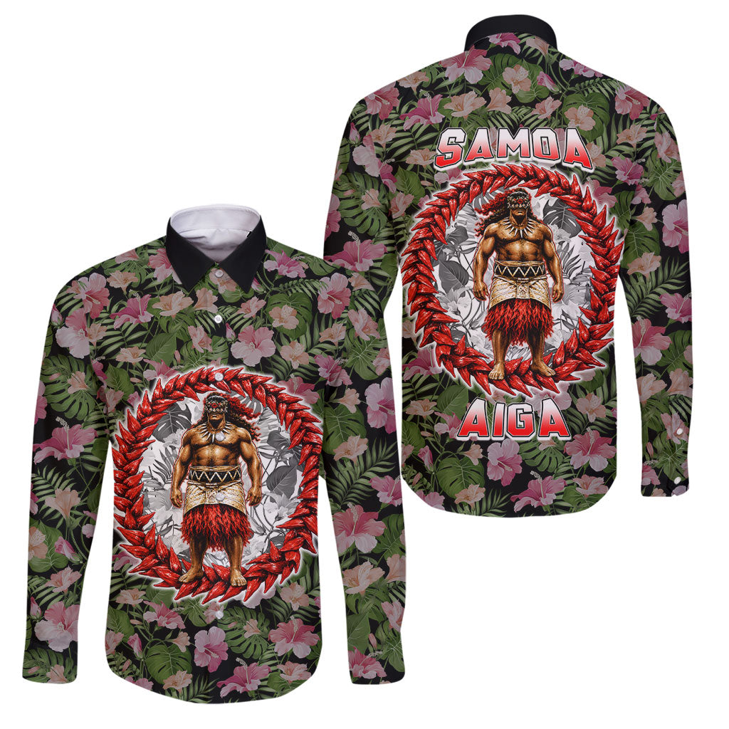 Samoa Aiga Polynesian Family Matching Off The Shoulder Long Sleeve Dress and Hawaiian Shirt Tropical Floral Hibiscus Pattern Island Heritage TS04 Dad's Shirt - Long Sleeve Green Red - Polynesian Pride