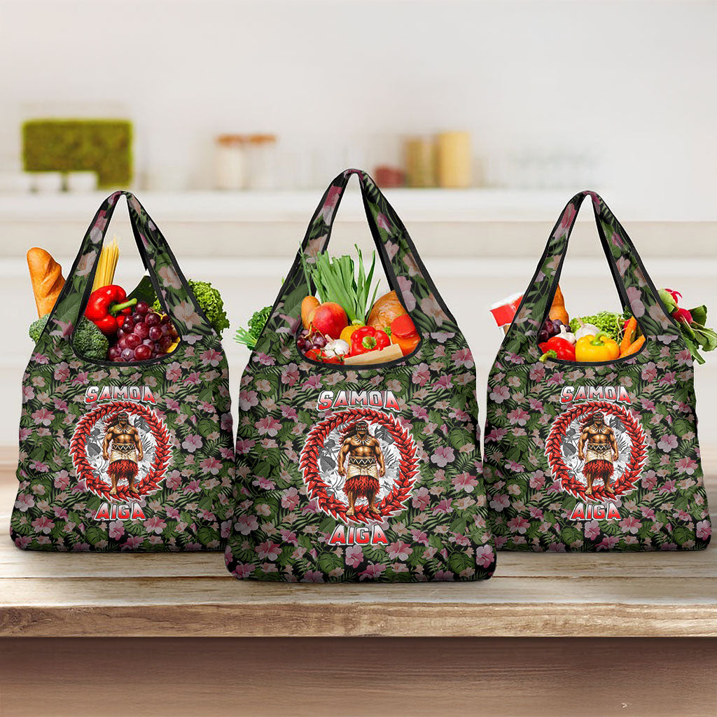 Samoa Aiga Polynesian Grocery Bag Tropical Floral Hibiscus Pattern Island Heritage TS04 3-pack One Size Green Red - Polynesian Pride