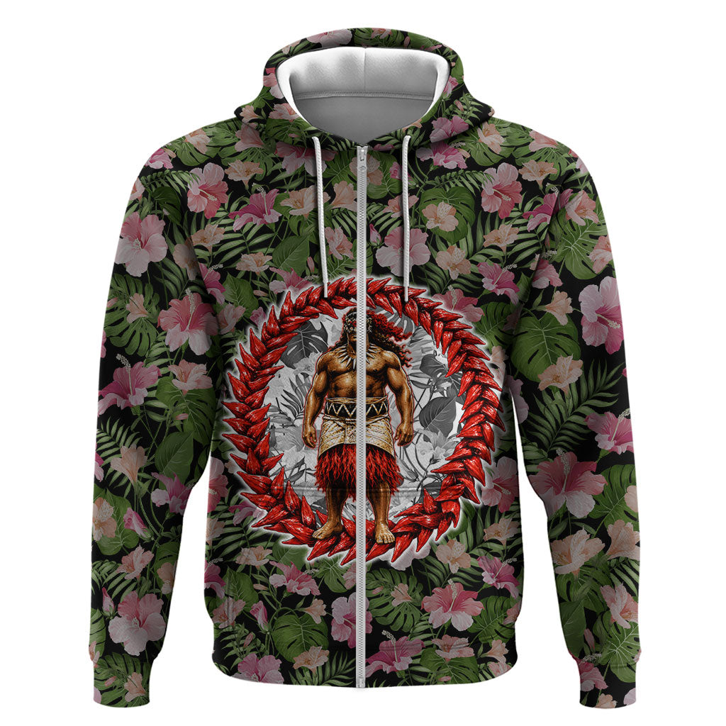 Samoa Aiga Polynesian Hoodie Tropical Floral Hibiscus Pattern Island Heritage TS04 Zip Hoodie Green Red - Polynesian Pride