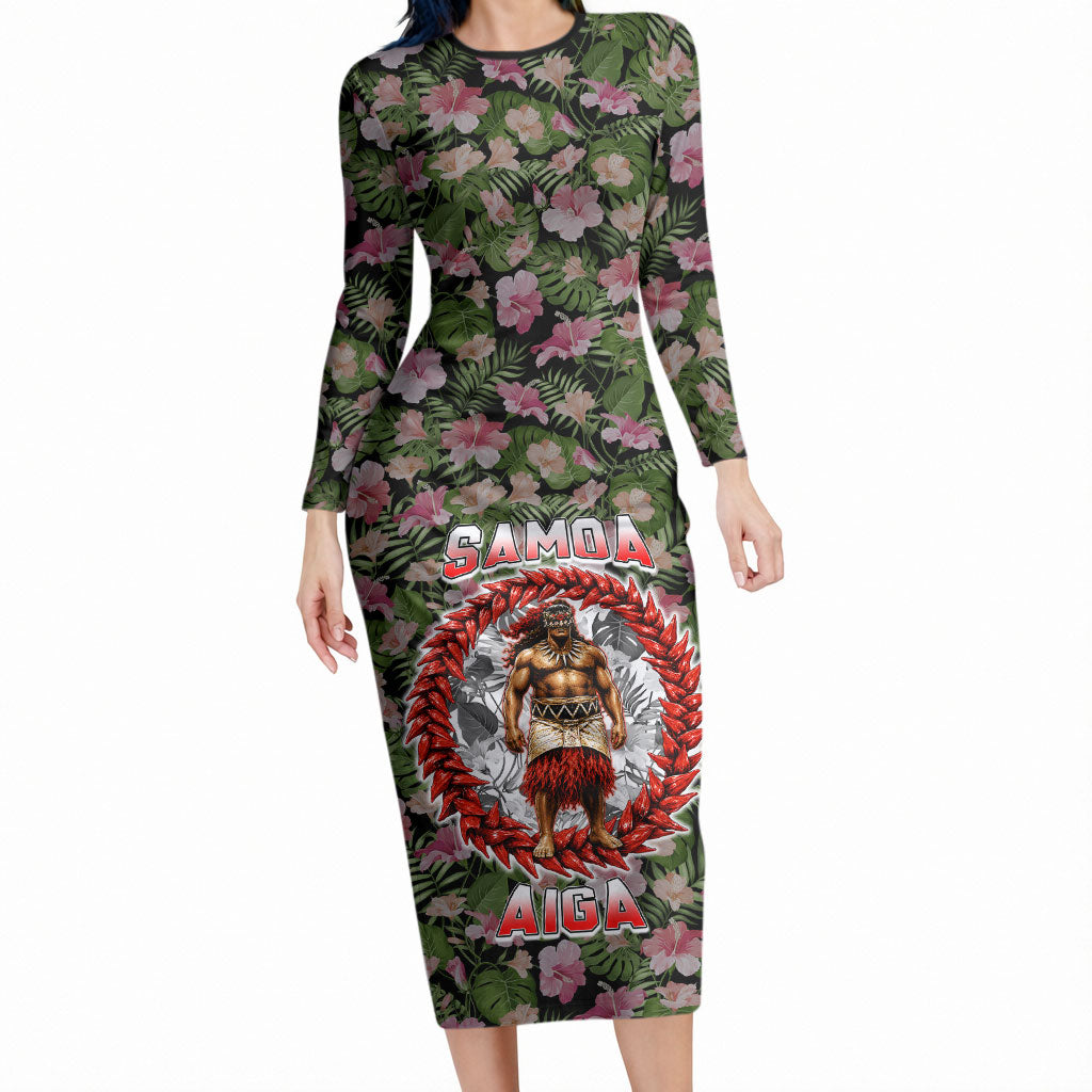 Samoa Aiga Polynesian Long Sleeve Bodycon Dress Tropical Floral Hibiscus Pattern Island Heritage TS04 Long Dress Green Red - Polynesian Pride