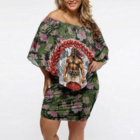 Samoa Aiga Polynesian Off Shoulder Short Dress Tropical Floral Hibiscus Pattern Island Heritage TS04 Women Green Red - Polynesian Pride