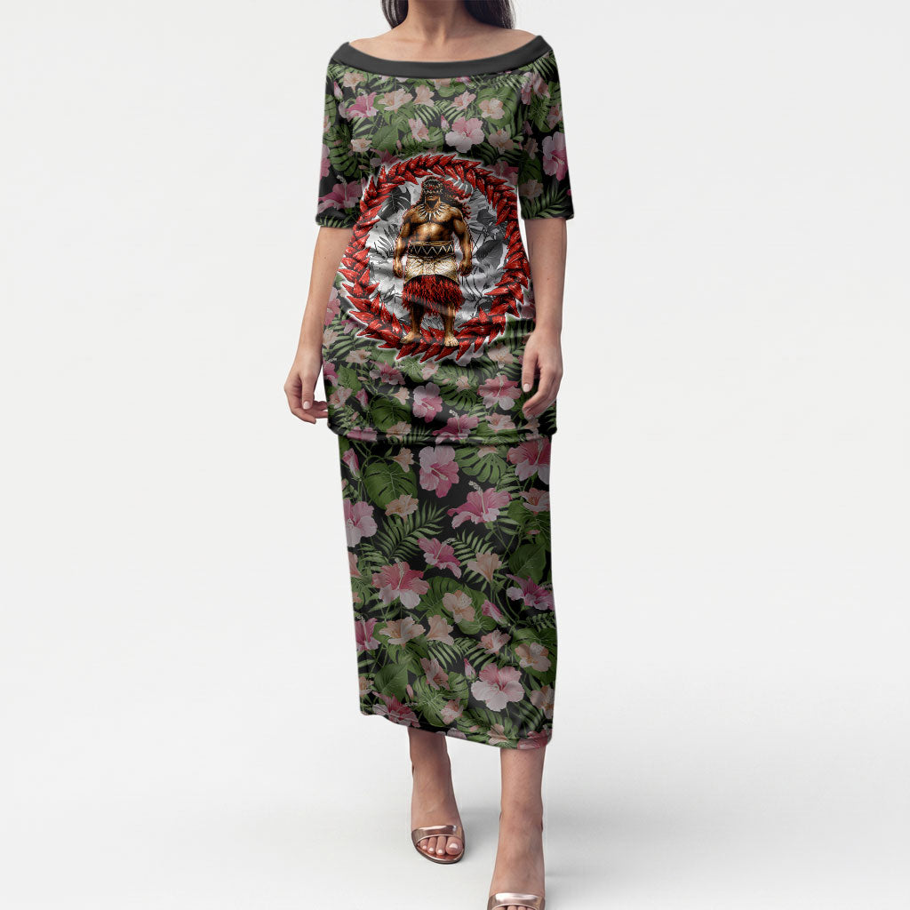 Samoa Aiga Polynesian Puletasi Tropical Floral Hibiscus Pattern Island Heritage TS04 Long Dress Green Red - Polynesian Pride