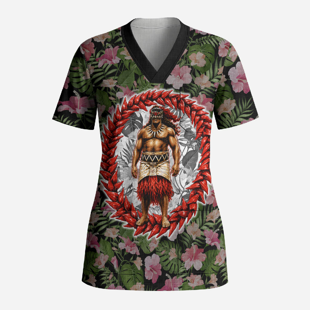 Samoa Aiga Polynesian Scrub Top Tropical Floral Hibiscus Pattern Island Heritage TS04 Adult Green Red - Polynesian Pride