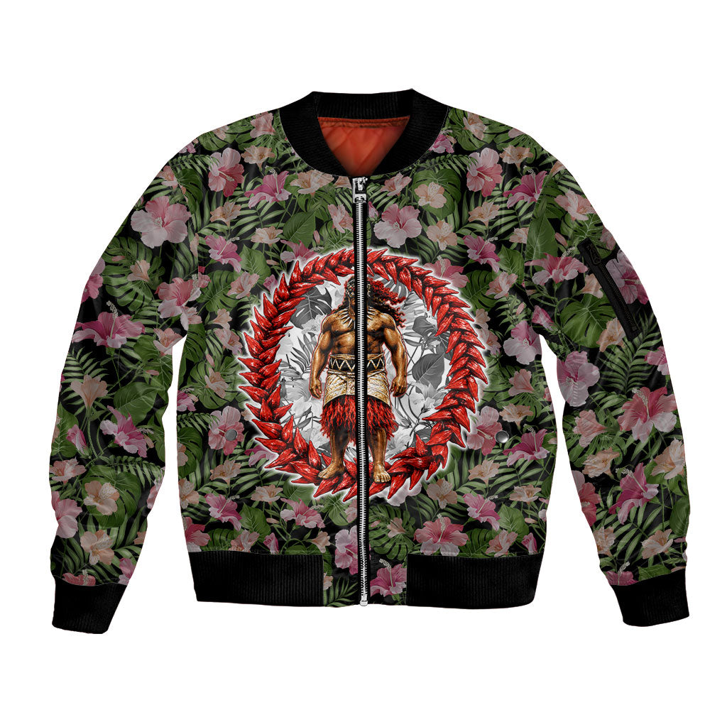 Samoa Aiga Polynesian Sleeve Zip Bomber Jacket Tropical Floral Hibiscus Pattern Island Heritage TS04 Unisex Green Red - Polynesian Pride