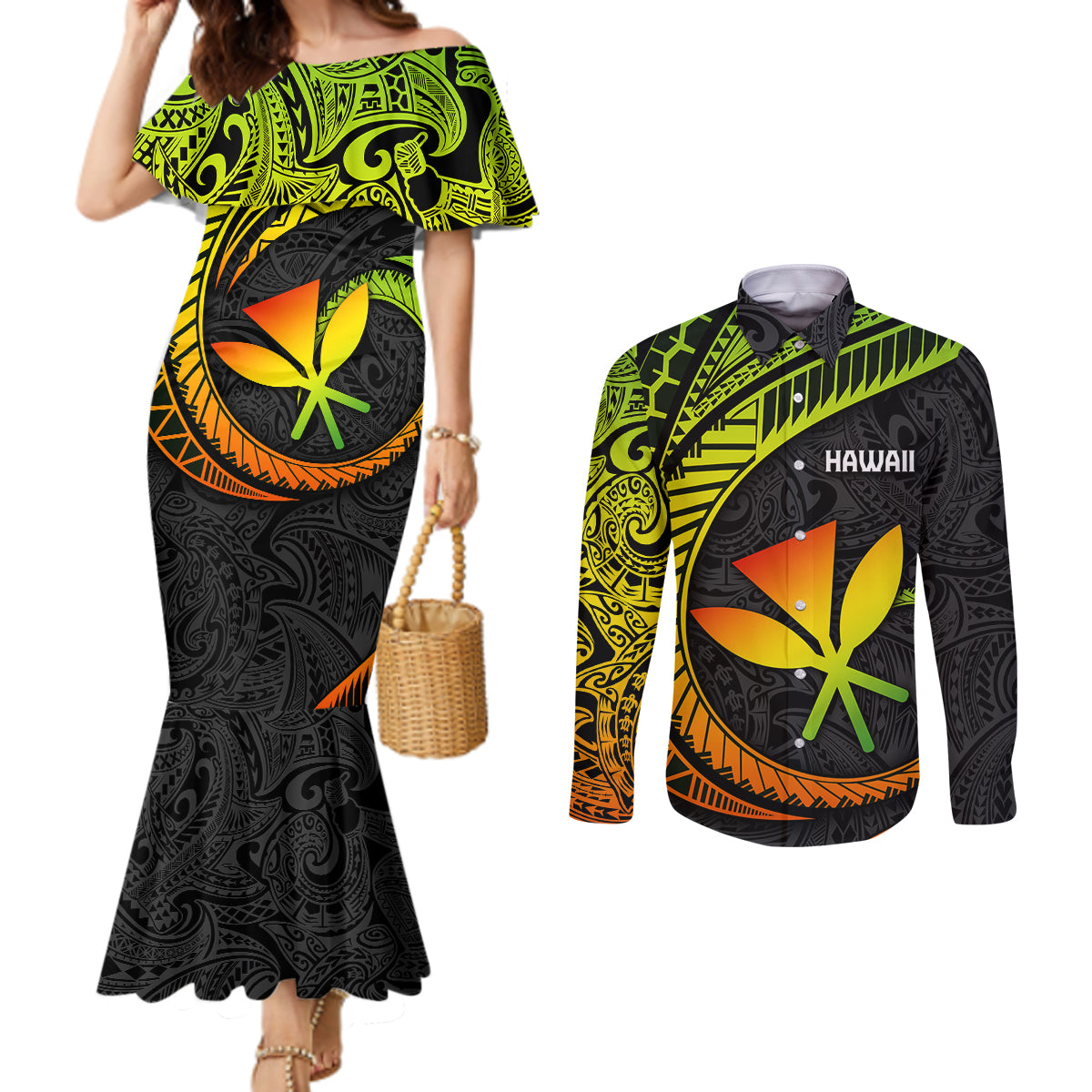 Hawaii Kanaka Maoli Couples Matching Mermaid Dress and Long Sleeve Button Shirts Polynesian Tornado Infusion Gradient TS04 Gradient - Polynesian Pride