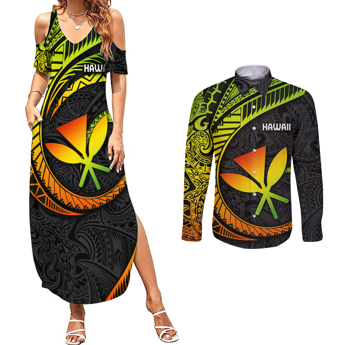 Hawaii Kanaka Maoli Couples Matching Summer Maxi Dress and Long Sleeve Button Shirts Polynesian Tornado Infusion Gradient TS04 Gradient - Polynesian Pride