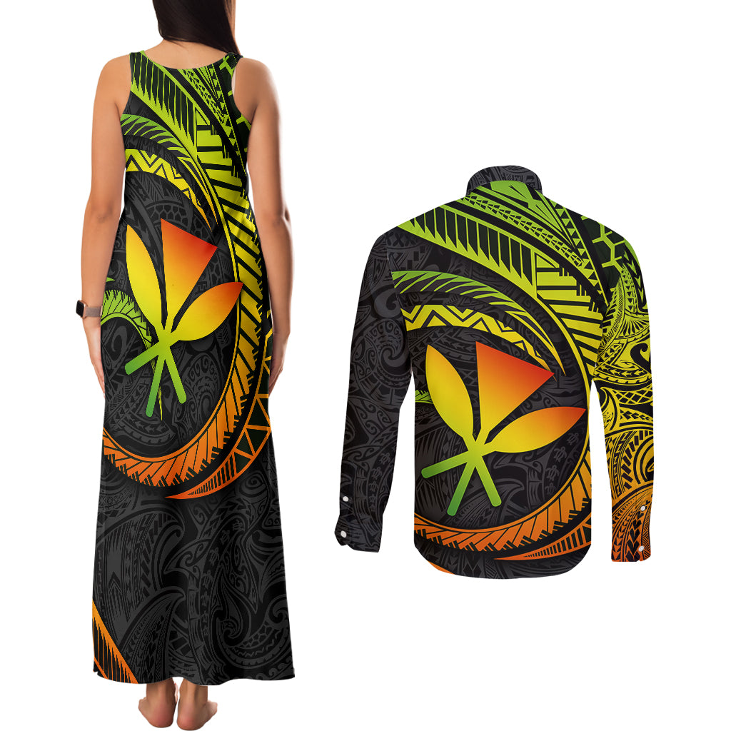 Hawaii Kanaka Maoli Couples Matching Tank Maxi Dress and Long Sleeve Button Shirts Polynesian Tornado Infusion Gradient TS04 - Polynesian Pride