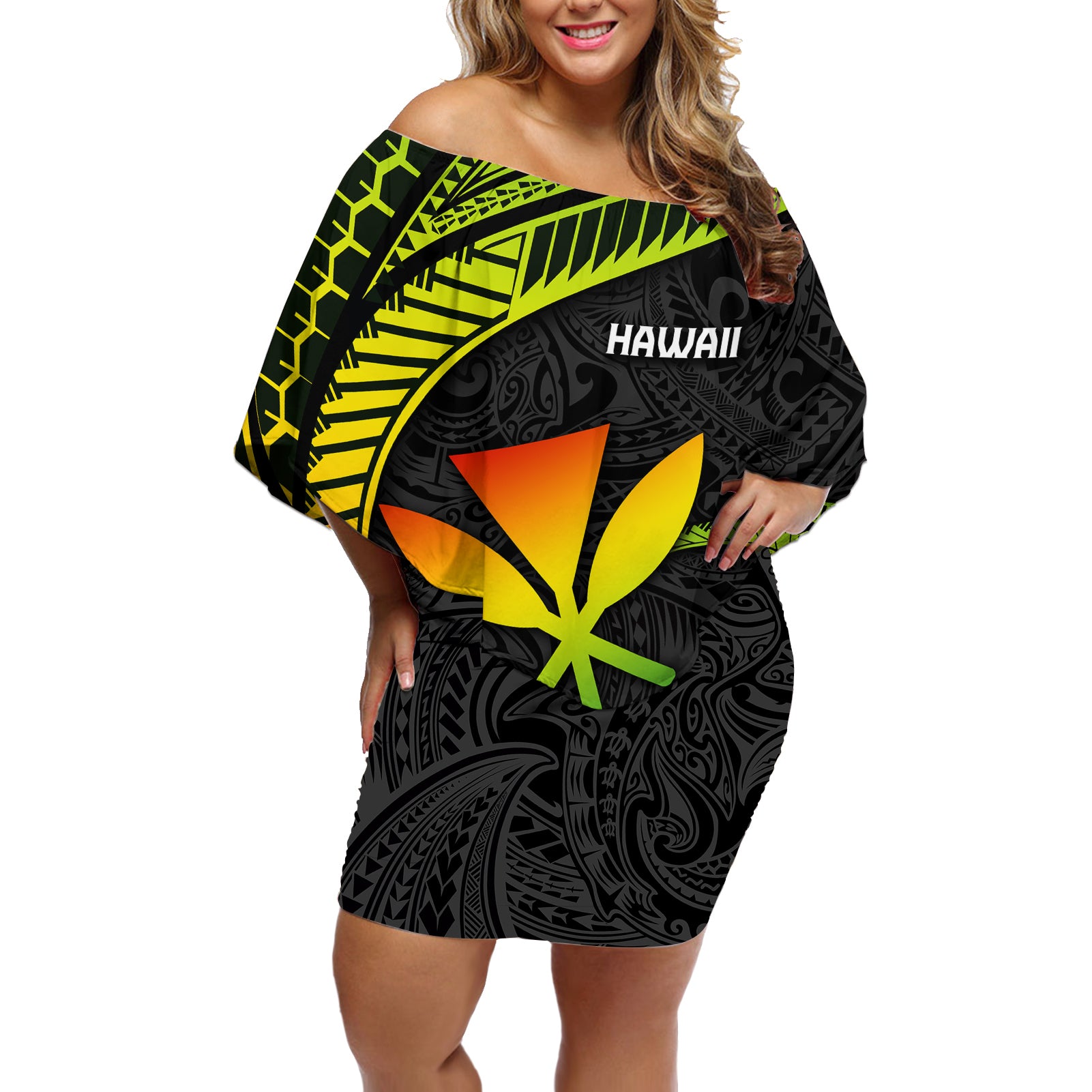 Hawaii Kanaka Maoli Off Shoulder Short Dress Polynesian Tornado Infusion Gradient TS04 Women Gradient - Polynesian Pride